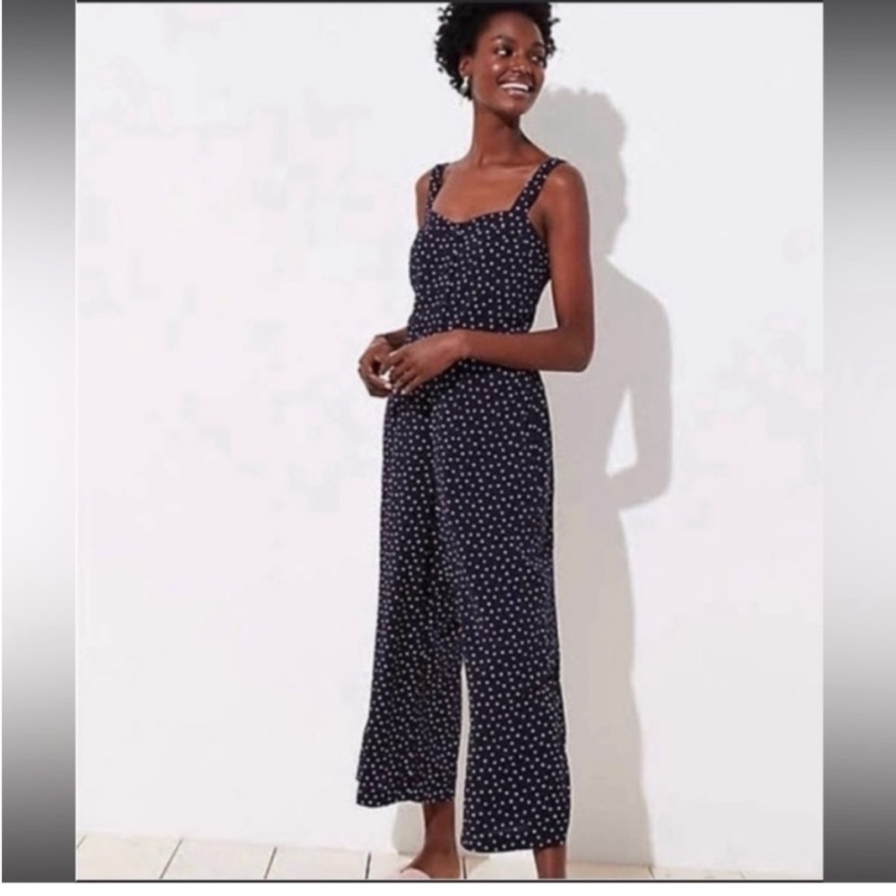 LOFT Navy Polka Dot Sleeveless Wide-Leg Jumpsuit